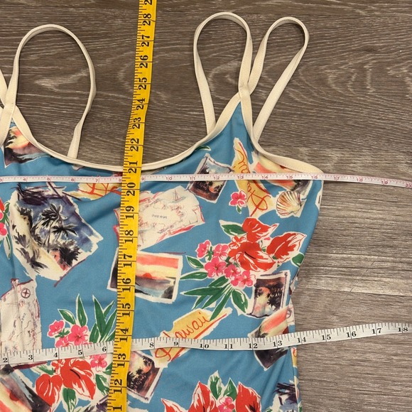 VTG 90s Hawaii Postcard Print One Piece Swimsuit Blue Tropical Floral Small - Picture 11 of 12